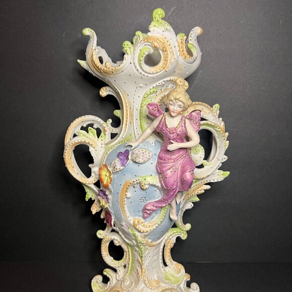 Vintage Rare Saxony Art Nouveau Porcelain Floral Woman Figural Vase 12.5" - Picture 2 of 10